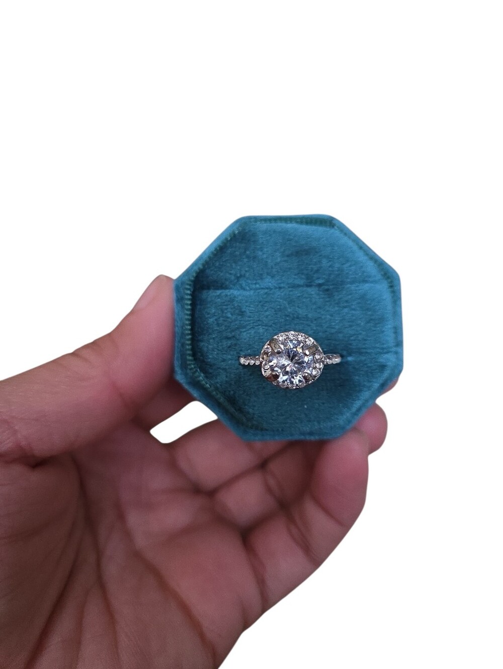 Size 8 Silver Toned Classic Halo Solitaire Ring with Clear Stone